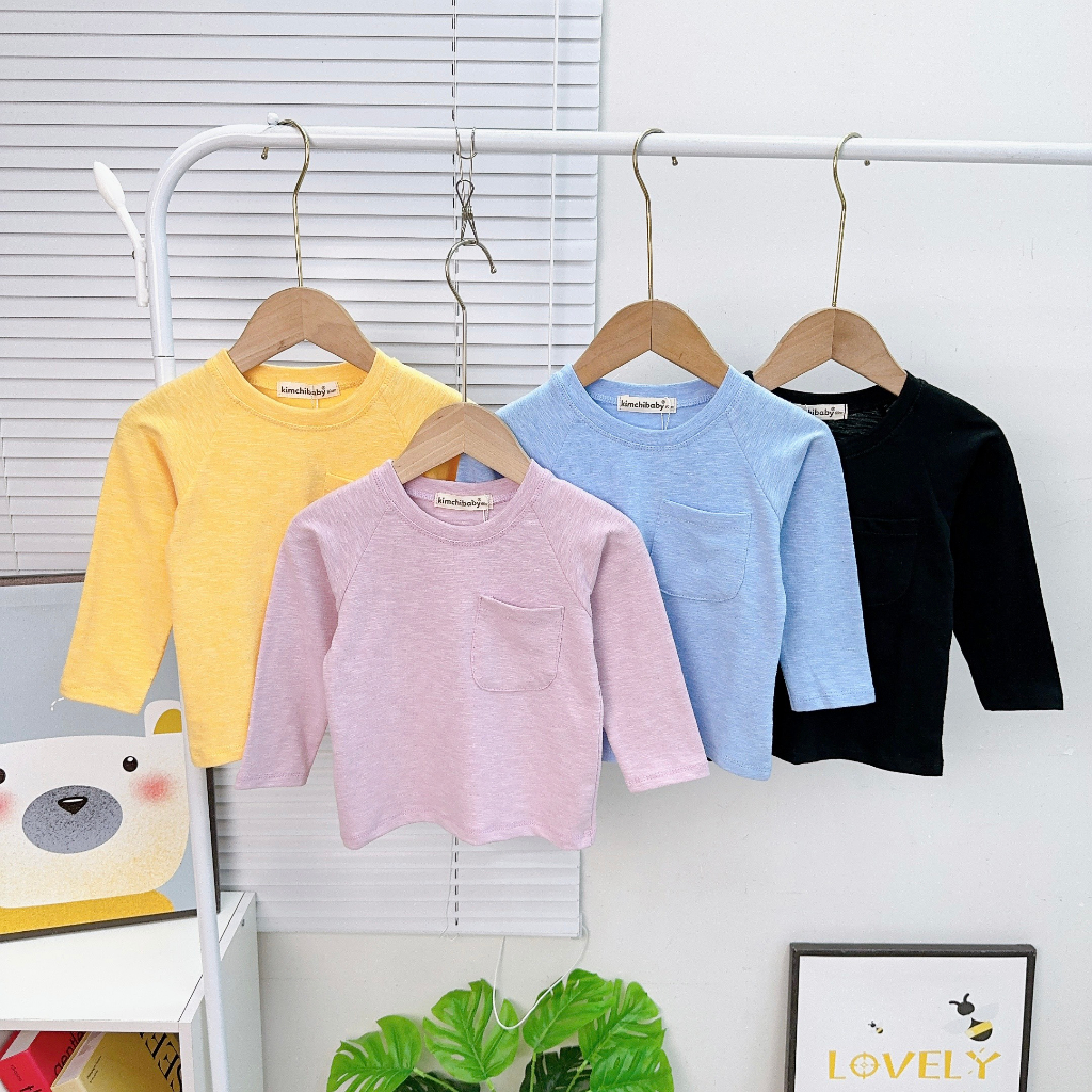 AD2316 Áo Thun Bé Gái, Bé Trai KIMCHIBABY Vải Cotton Dư Xịn Giáp Lăng Túi Ngực, Áo Dài Tay Cho Bé Mặc Thu Đông
