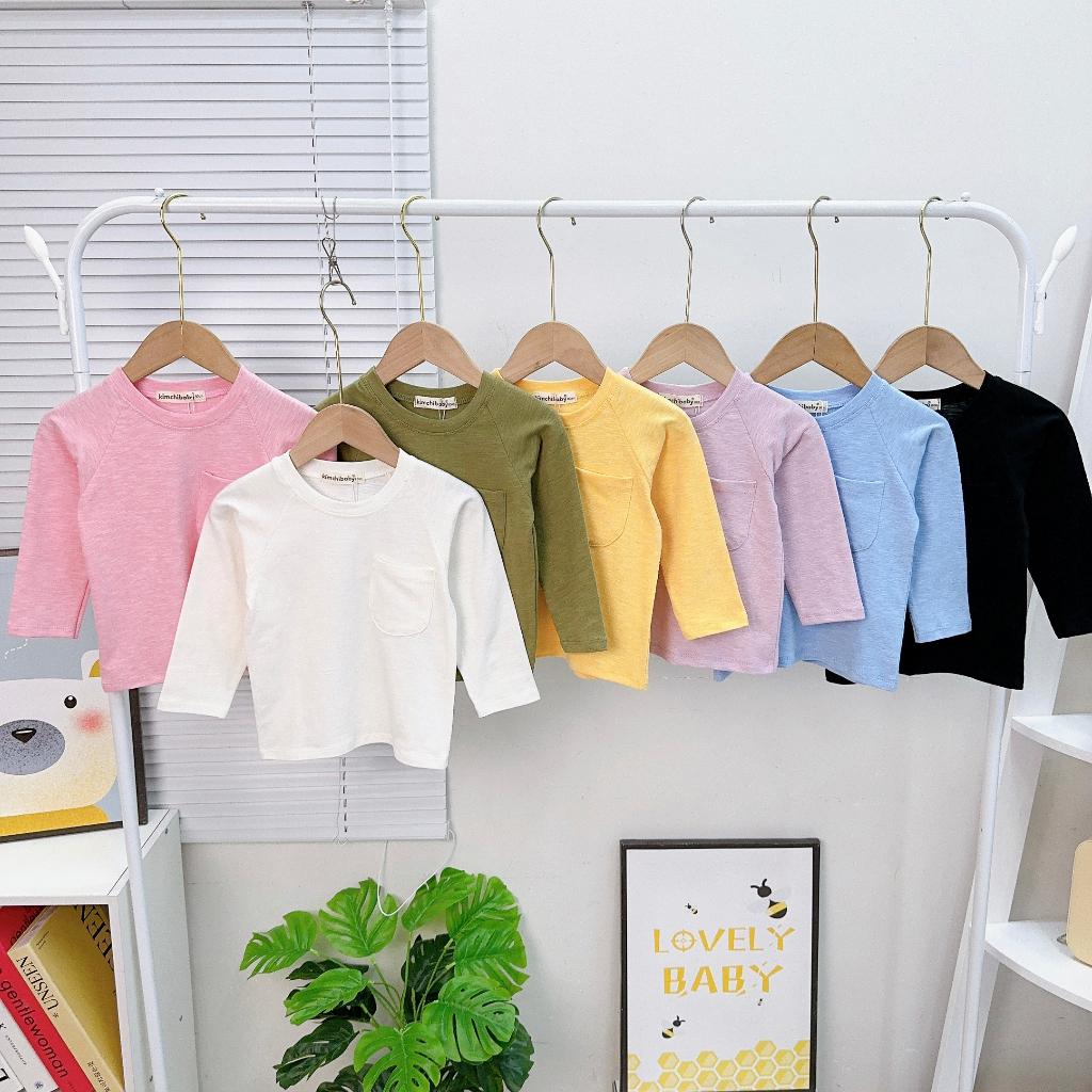 AD2316 Áo Thun Bé Gái, Bé Trai KIMCHIBABY Vải Cotton Dư Xịn Giáp Lăng Túi Ngực, Áo Dài Tay Cho Bé Mặc Thu Đông