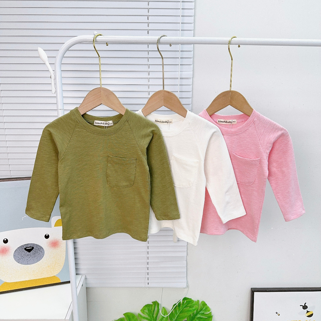 AD2316 Áo Thun Bé Gái, Bé Trai KIMCHIBABY Vải Cotton Dư Xịn Giáp Lăng Túi Ngực, Áo Dài Tay Cho Bé Mặc Thu Đông