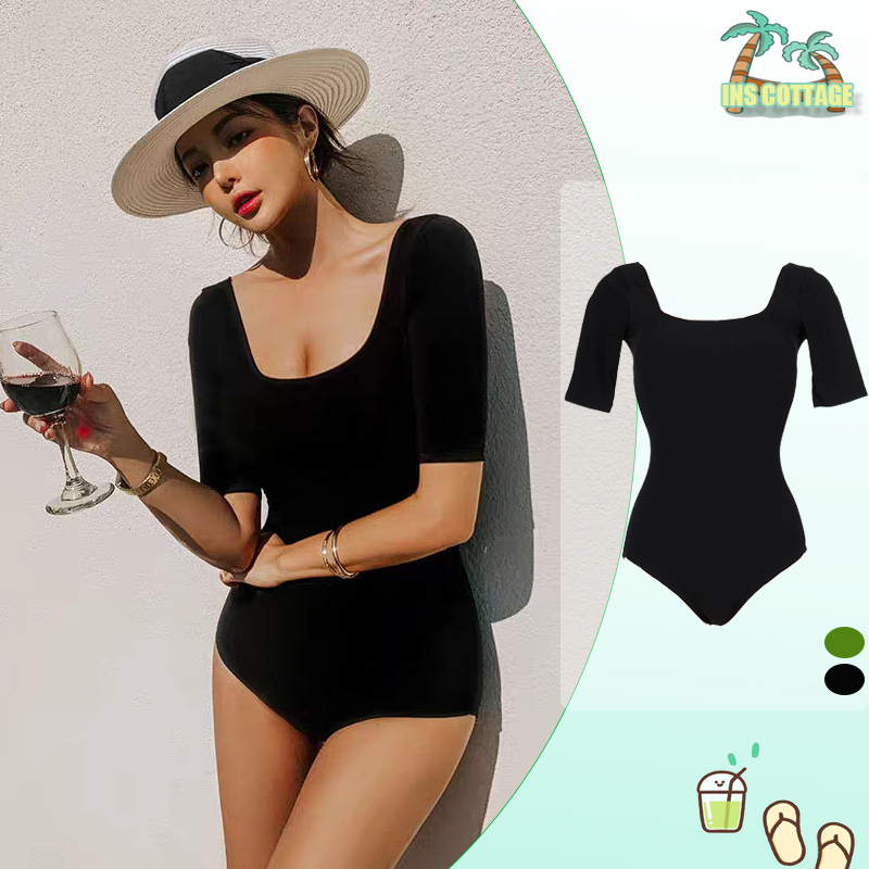 【INS】Bikini đồ bơi nữ kín đáo áo tắm liền một mảnh cổ vuông tay lỡ hở lưng cực đẹp -Bikini tắm biển một mảnh trơn màu