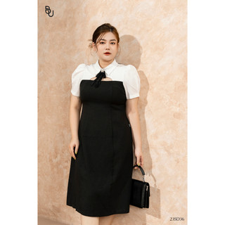 Đầm cổ đức cutout phối trắng đính nơ đá BIGSIZE (55kg đến 95kg) - 23SD36 - [BUstu Bigsize]
