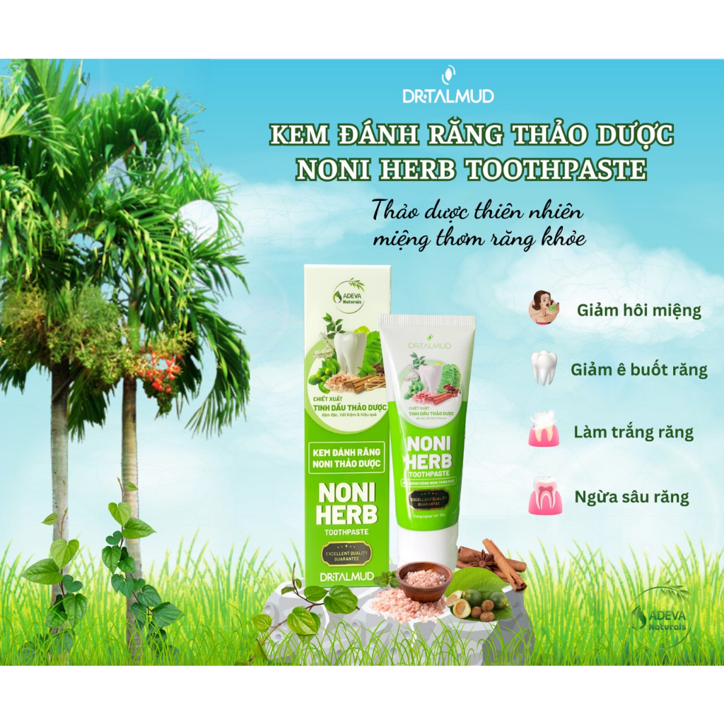 Kem đánh răng thảo dược NONI giảm hôi miệng hiệu quả, sạch trắng răng không chưa flour tốt cho răng niềng