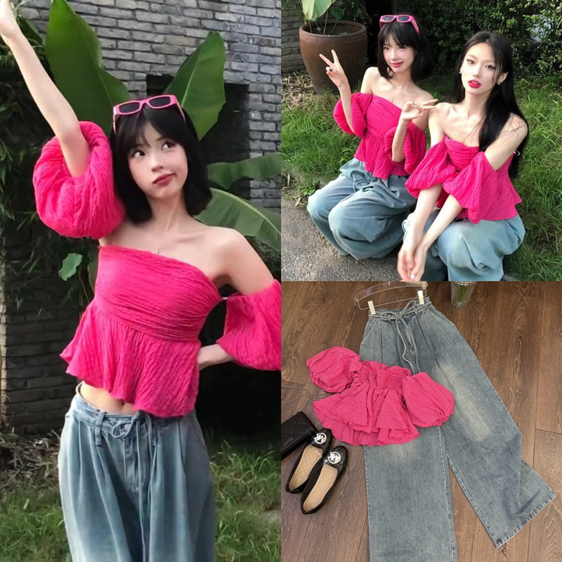 SET ÁO PEPLUM CÚP NGỰC + QUẦN JEAN SUÔNG ỐNG RỘNG
