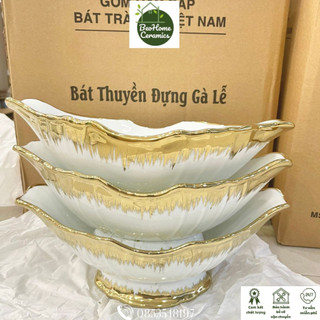 Bát Đĩa Đựng Gà Nguyên Con Bát sứ đựng gà cúng gà lễ bày hoa quả gốm sứ Bát Tràng Vẽ Vàng Kim