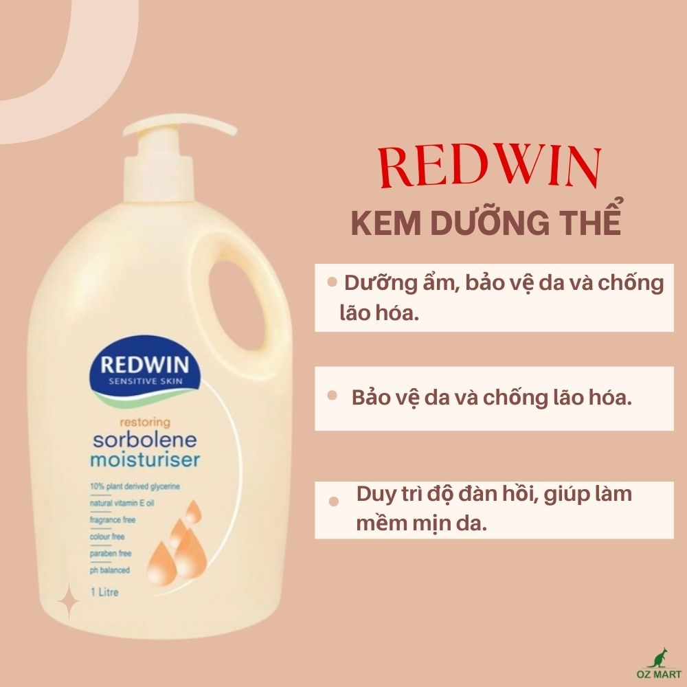 Sữa dưỡng thể REDWIN Sensitive Skin Sorbolene Moisturiser Vitamin E 1 lít dưỡng ẩm và làm sáng da toàn thân