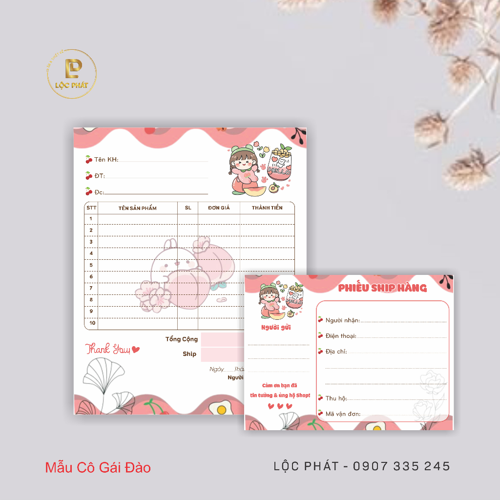 Mẫu mới: combo 100 tờ hóa đơn + phiếu ship mẫu gấu dâu, ....