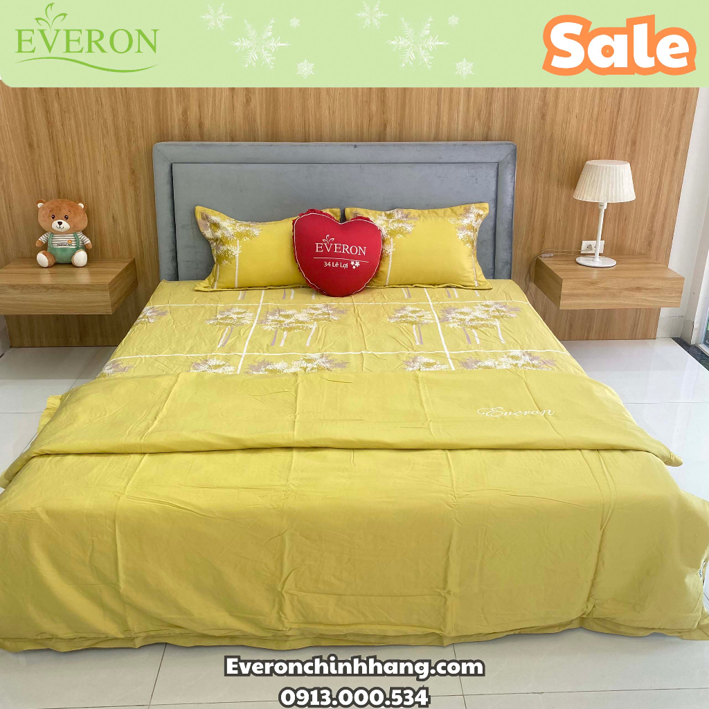 Giảm giá Bộ drap ga chun mỏng Everon chính hãng màu vàng chất 100% Tencel cao cấp mềm mát mịn EPT 20045