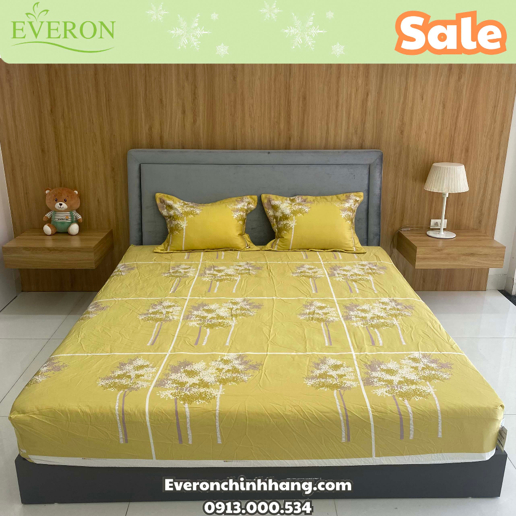 Giảm giá Bộ drap ga chun mỏng Everon chính hãng màu vàng chất 100% Tencel cao cấp mềm mát mịn EPT 20045