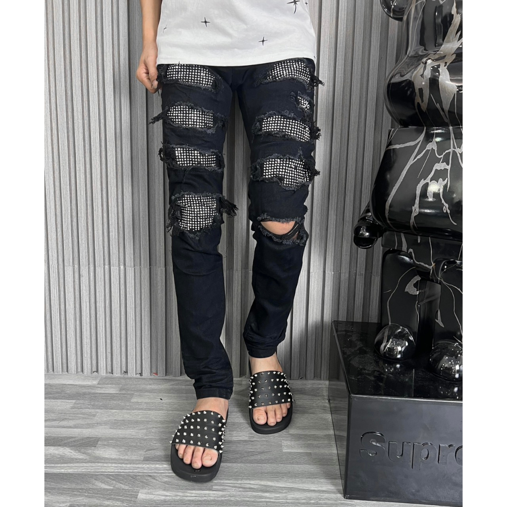 Quần Jean dài nam đen amiri đính đá 4 cúc SC