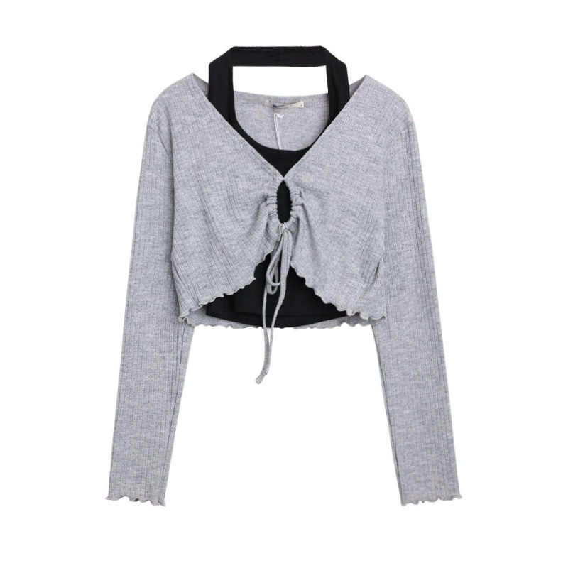 Set áo croptop tay dài cuốn biên Bare kèm áo yếm phối màu phong cách Ullzang cá tính sang chảnh