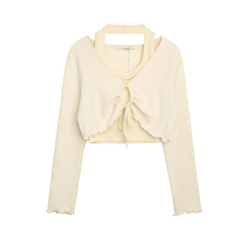 Set áo croptop tay dài cuốn biên Bare kèm áo yếm phối màu phong cách Ullzang cá tính sang chảnh