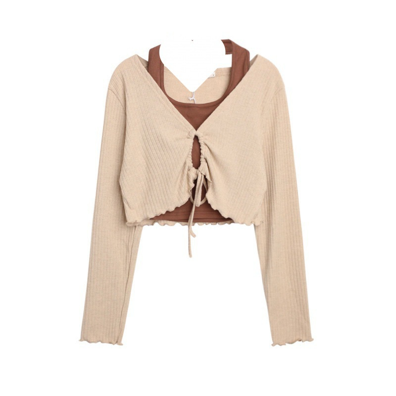 Set áo croptop tay dài cuốn biên Bare kèm áo yếm phối màu phong cách Ullzang cá tính sang chảnh