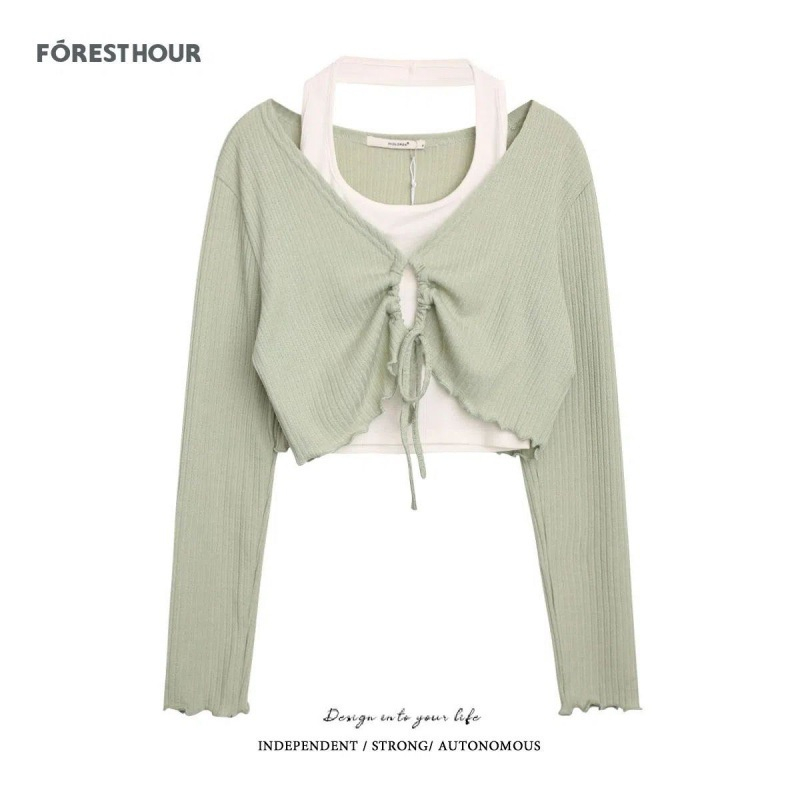 Set áo croptop tay dài cuốn biên Bare kèm áo yếm phối màu phong cách Ullzang cá tính sang chảnh