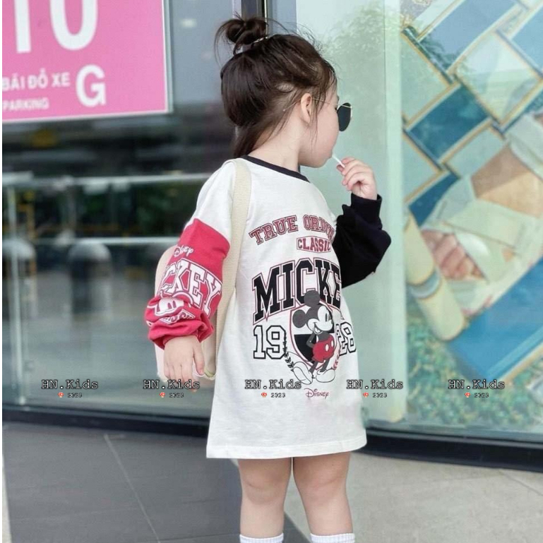Áo váy bé gái dài tay Mickey xinh xắn size đại 10-35kg kèm ảnh thật Đầm bé gái mặc thu đông hình Micky Hadukids