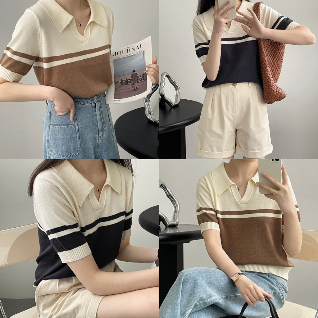 Áo len polo kẻ pha màu tay ngắn 8138