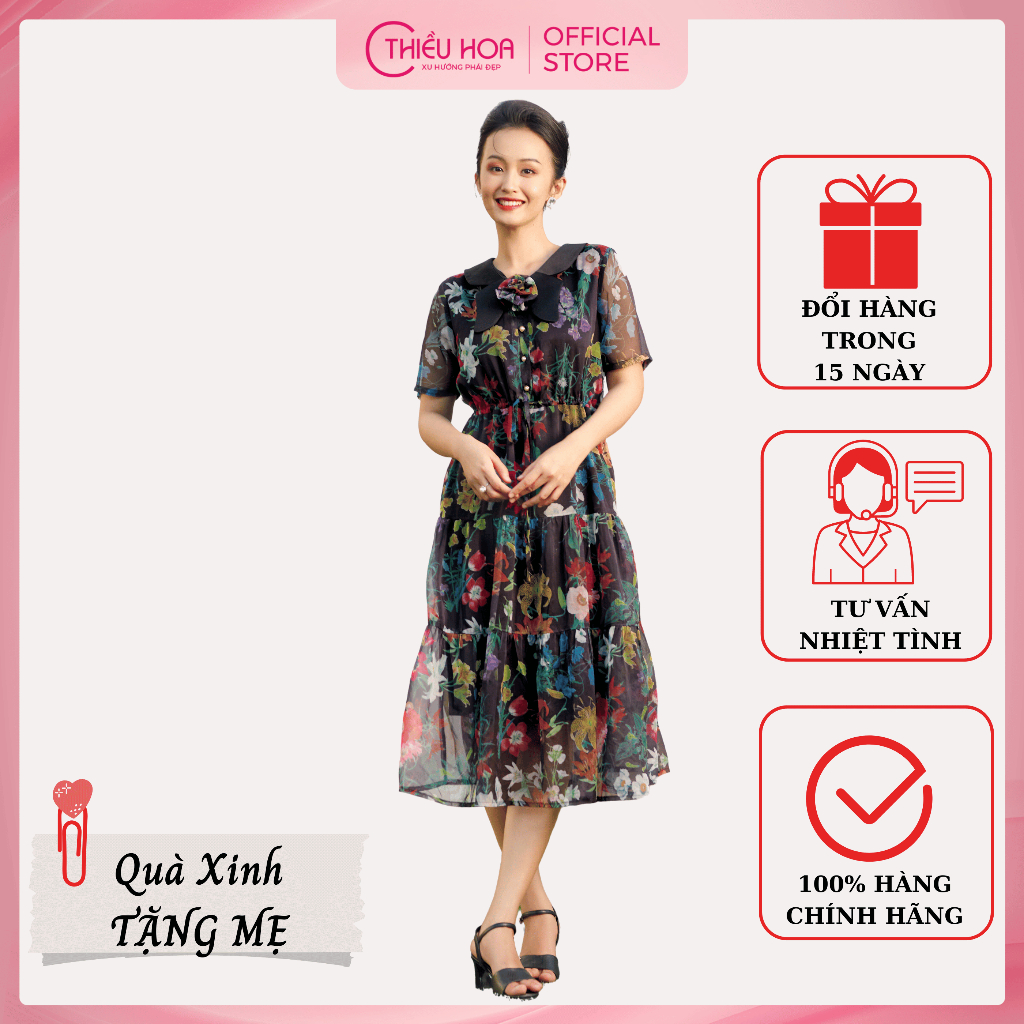 Đầm Trung Niên Thiết Kế Cao Cấp chất liệu mát mẻ hoạ tiết sang trọng mặc lên phom cực đẹp Thương hiệu Thiều Hoa DD3Y0320