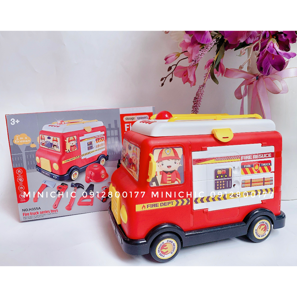 Đồ chơi xe cứu hỏa có đèn còi tự chạy kèm phụ kiện lính cứu hỏa