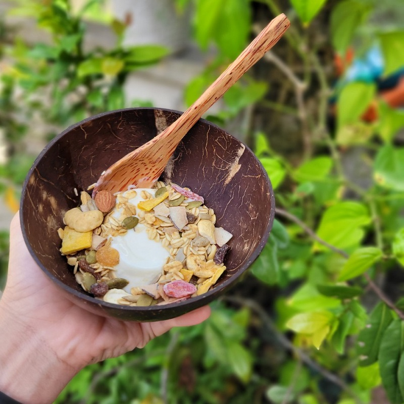 Bộ chén bát gáo dừa và thìa cao cấp dùng ăn granola Tiệm hạt Chang