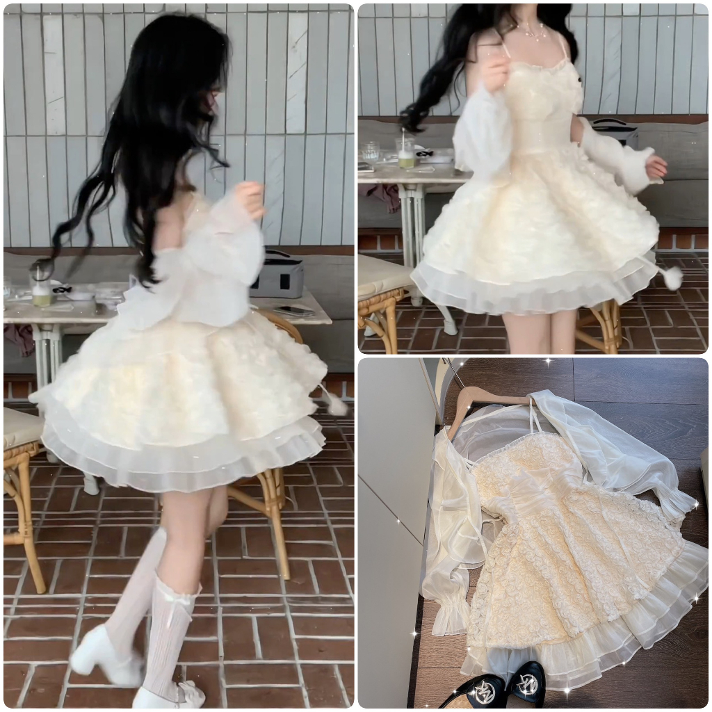SET ĐẦM REN 2S HOA NUDE KÈM ÁO KHOÁC TƠ