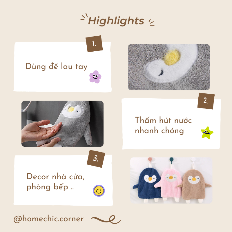 Khăn lau tay chim cánh cụt treo tường cute đa năng siêu thấm hút | HOME CHIC CORNER
