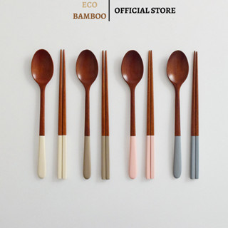 Bộ thìa đũa ECO BAMBOO K02 bằng gỗ màu tự nhiên sơn cán màu |Set thìa đũa cá nhân văn phòng | Phong cách Hàn Quốc