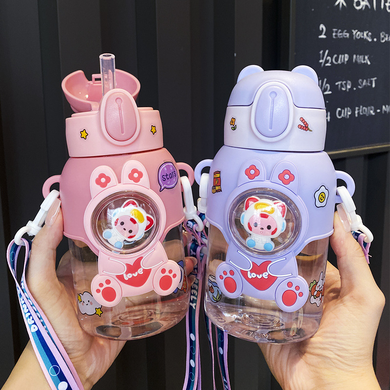 Bình uống nước cho bé tiện lợi hình thú cưng dễ thương 600ml, bình nước cho bé đi học nhựa PP cao cấp an toàn cho bé
