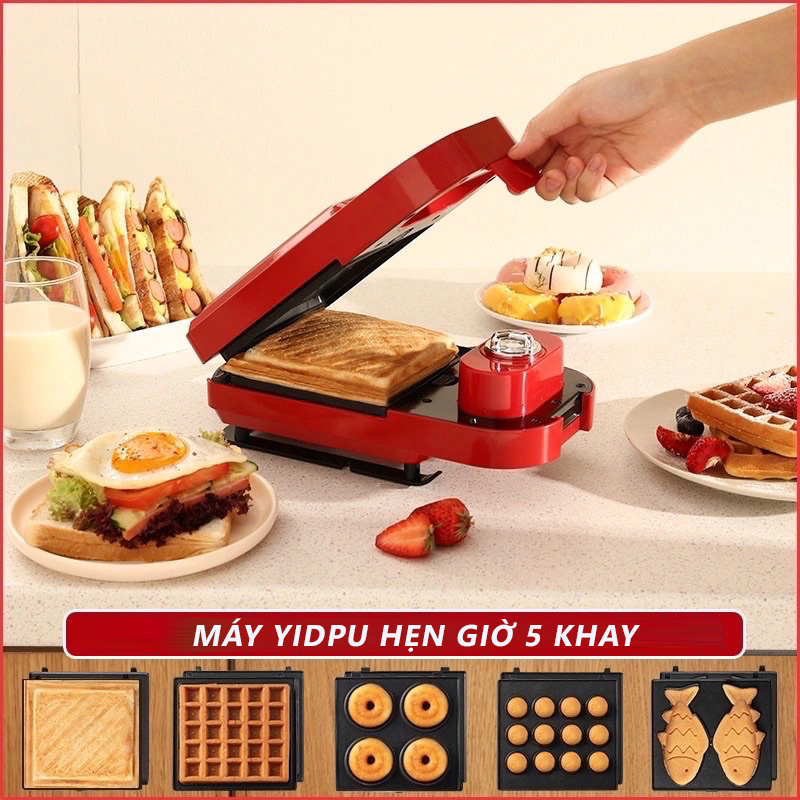 Máy Kẹp Bánh Mì Sandwich, Làm Bánh Waffle Công Suất Nướng 600W Torsom, Yidpu Phiên Bản Cao Cấp Hẹn Giờ