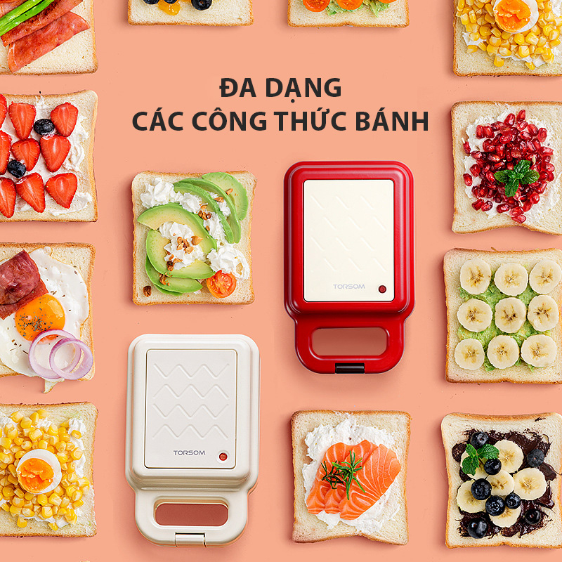 Máy Kẹp Bánh Mì Sandwich, Làm Bánh Waffle Công Suất Nướng 600W Torsom, Yidpu Phiên Bản Cao Cấp Hẹn Giờ