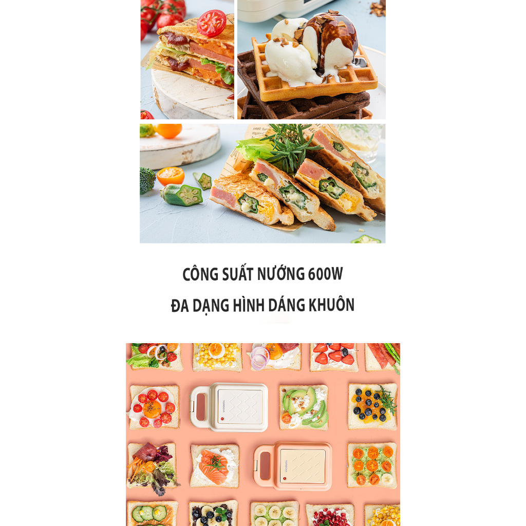 Máy Kẹp Bánh Mì Sandwich, Làm Bánh Waffle Công Suất Nướng 600W Torsom, Yidpu Phiên Bản Cao Cấp Hẹn Giờ