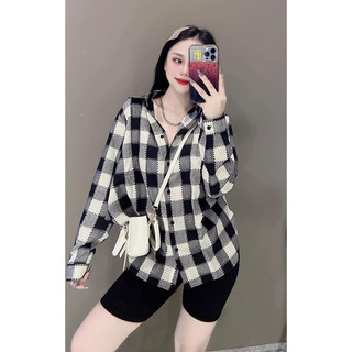 Áo sơ mi kẻ caro dành cho nữ freesize thanh lịch, sơ mi công sở nữ form rộng vừa