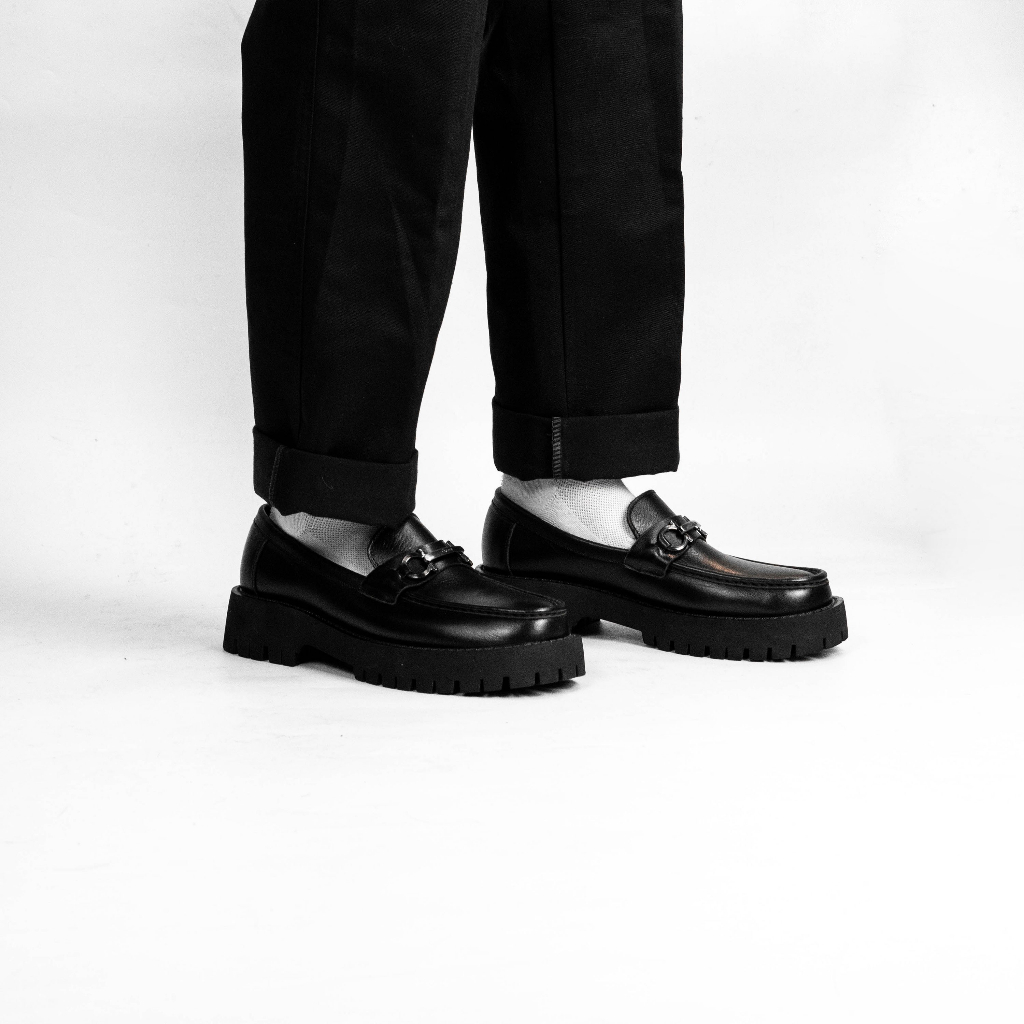 Giày Horsebit Penny Loafer Full Black Đế Chunky Tăng Chiều Cao 5cm - Da Bò Nguyên Tấm - Đức Linh EZB001