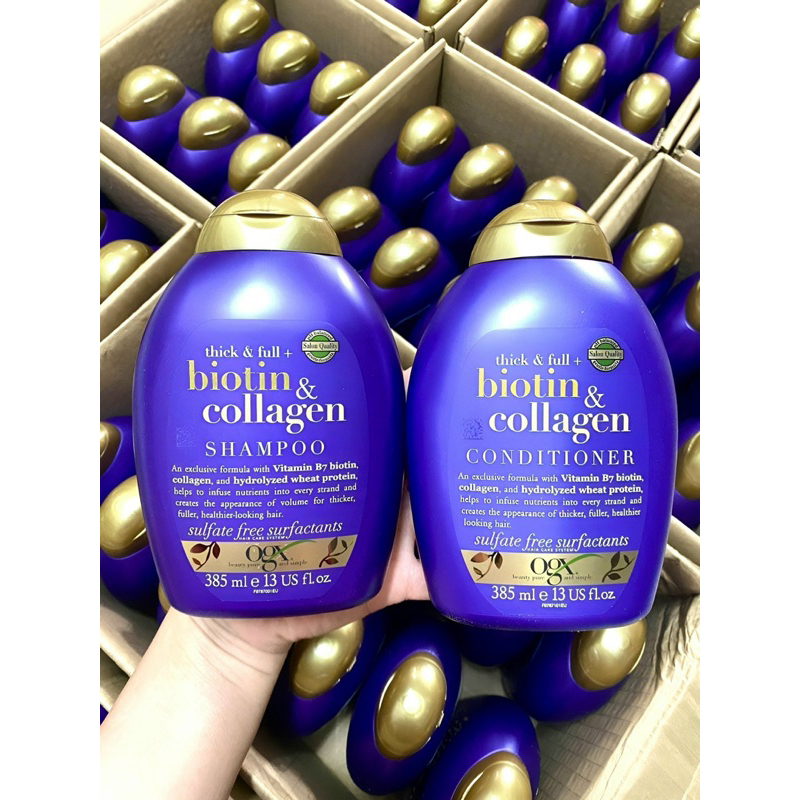 dầu gội biotin, dầu xả biotin OGX Thick Full Biotin Collagen chai 385 ml từ Mỹ, bộ gội xả biotin ogx