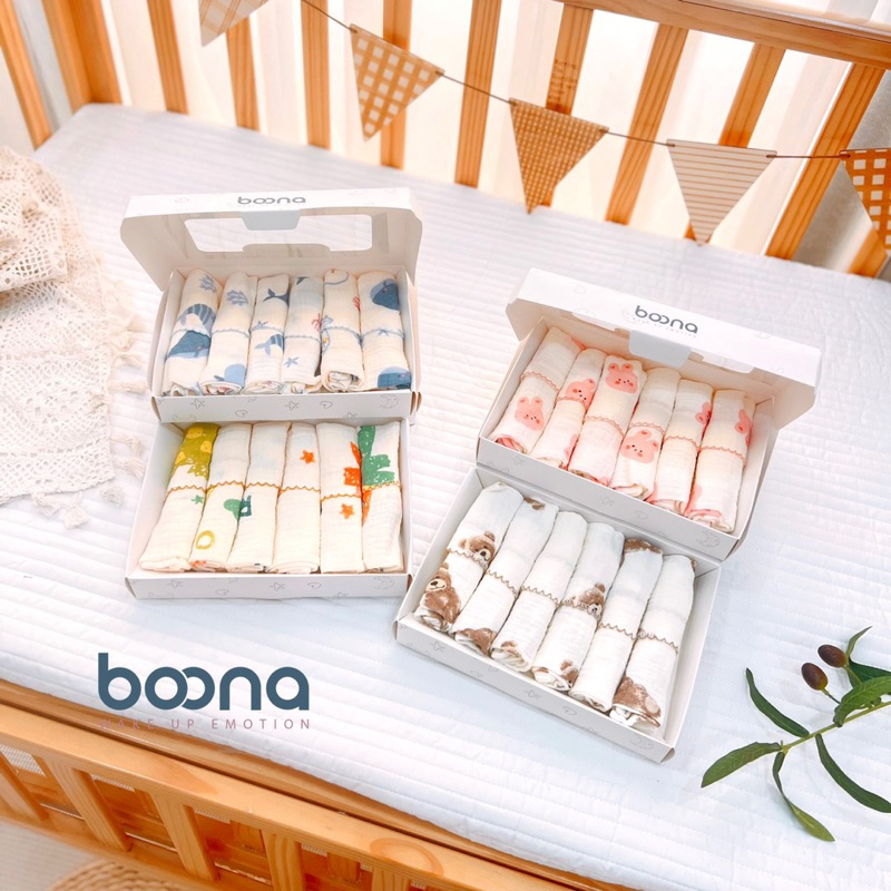 Hộp 6 khăn sữa Muslin Boona mềm mại, thấm hút BOO012