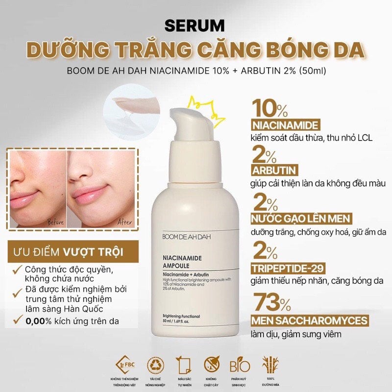 Serum Dưỡng Trắng Căng Bóng Da Boom De Ah Dah Niacinamide 10% + Arbutin 2% Ampoule 50ml