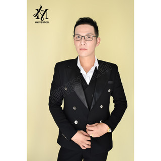 Bộ vest nam màu đen 6 nút ve phi đen (áo vest + quần + áo gile + cà vạt nơ)