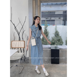 Đầm sơ mi jean sát nách phối dây buộc eo freesize có 2 màu - Lyn's Closet