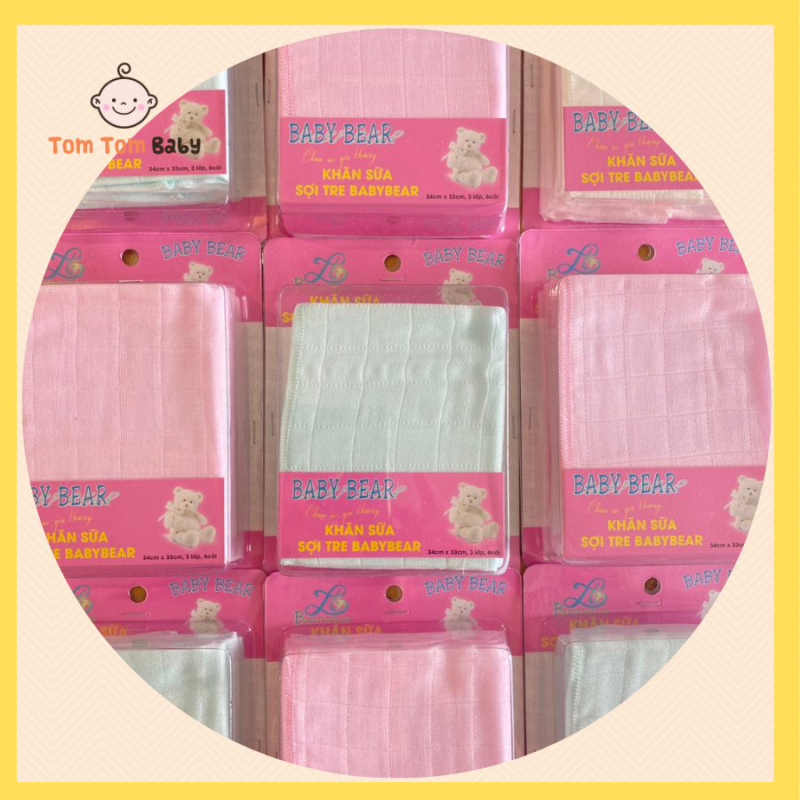Khăn sữa Sợi Tre cao cấp BABY BEAR | 1 Hộp 6 cái kích thước 34 x 33 cm | Chất vải sợi tre mềm mại | Hàng Việt Nam