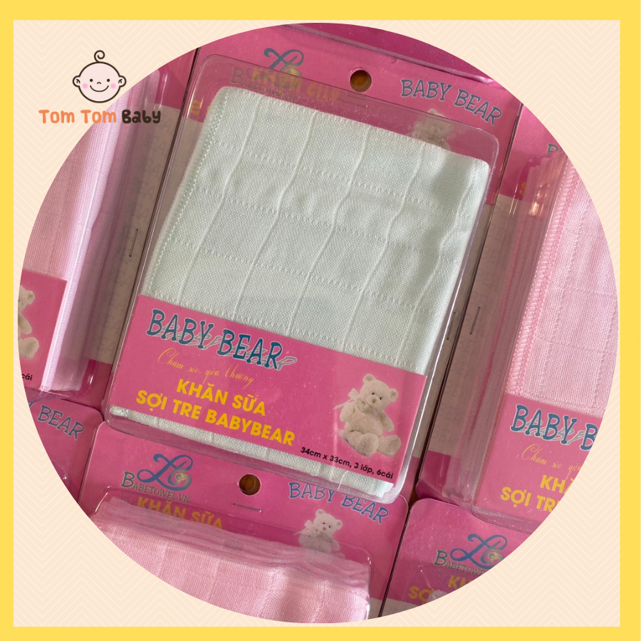 Khăn sữa Sợi Tre cao cấp BABY BEAR | 1 Hộp 6 cái kích thước 34 x 33 cm | Chất vải sợi tre mềm mại | Hàng Việt Nam