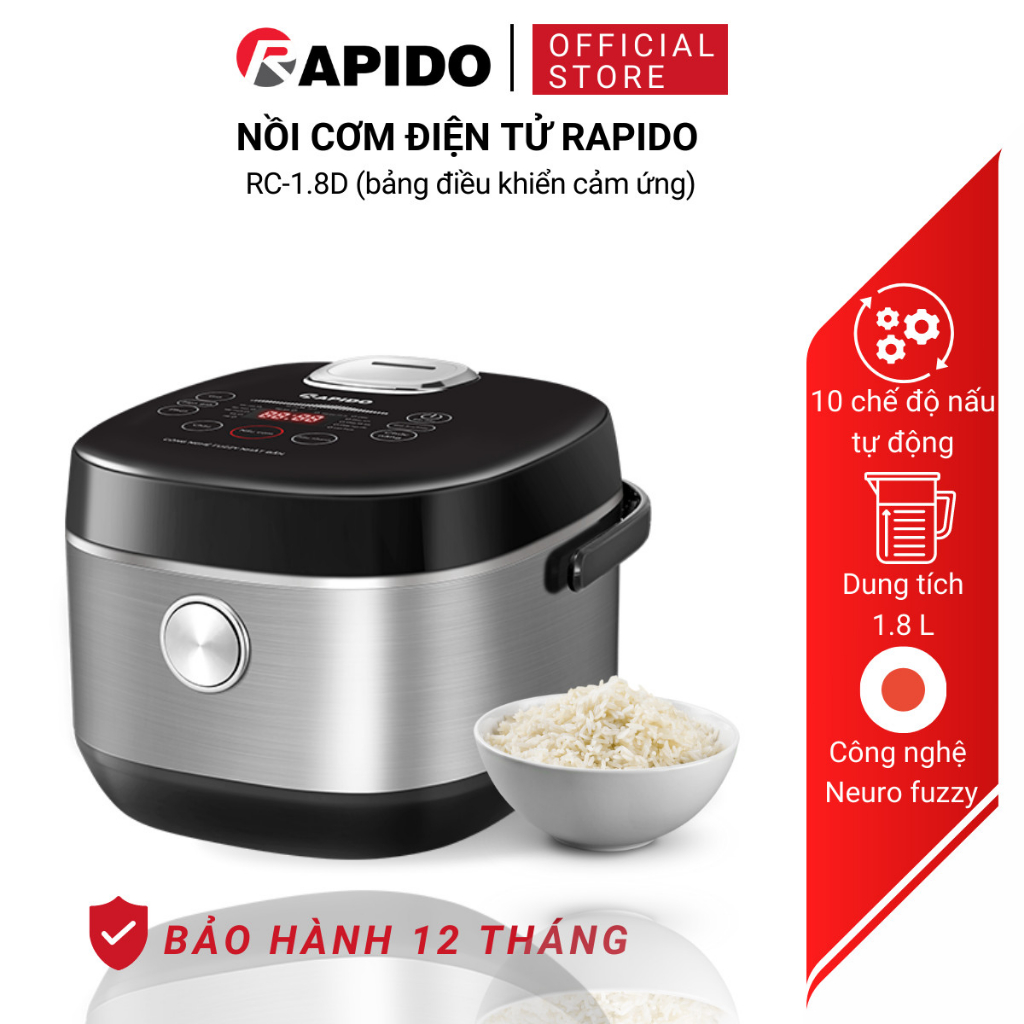 Nồi cơm điện tử Rapido RC-1.8D cao cấp, 10 chức năng, cảm ứng, bảo hành 12 tháng