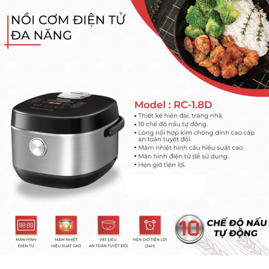 Nồi cơm điện tử Rapido RC-1.8D cao cấp, 10 chức năng, cảm ứng, bảo hành 12 tháng