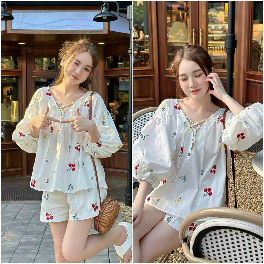 SÉT ÁO TAY DÀI PHỒNG CỘT NƠ THÊU HOA (QUẦN CÓ LÓT)