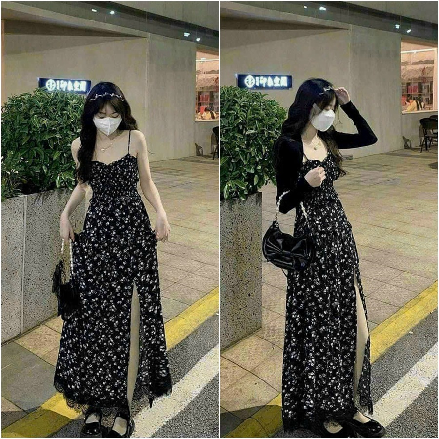Đầm váy nữ hai dây nền hoa nhí váy vải lụa Ý xẻ tà kèm áo khoác ngoài dịu dàng thanh lịch