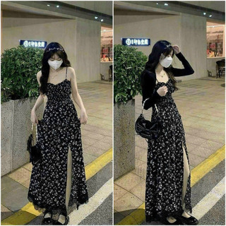  Đầm váy nữ hai dây nền hoa nhí váy vải lụa Ý xẻ tà kèm áo khoác ngoài dịu dàng thanh lịch 