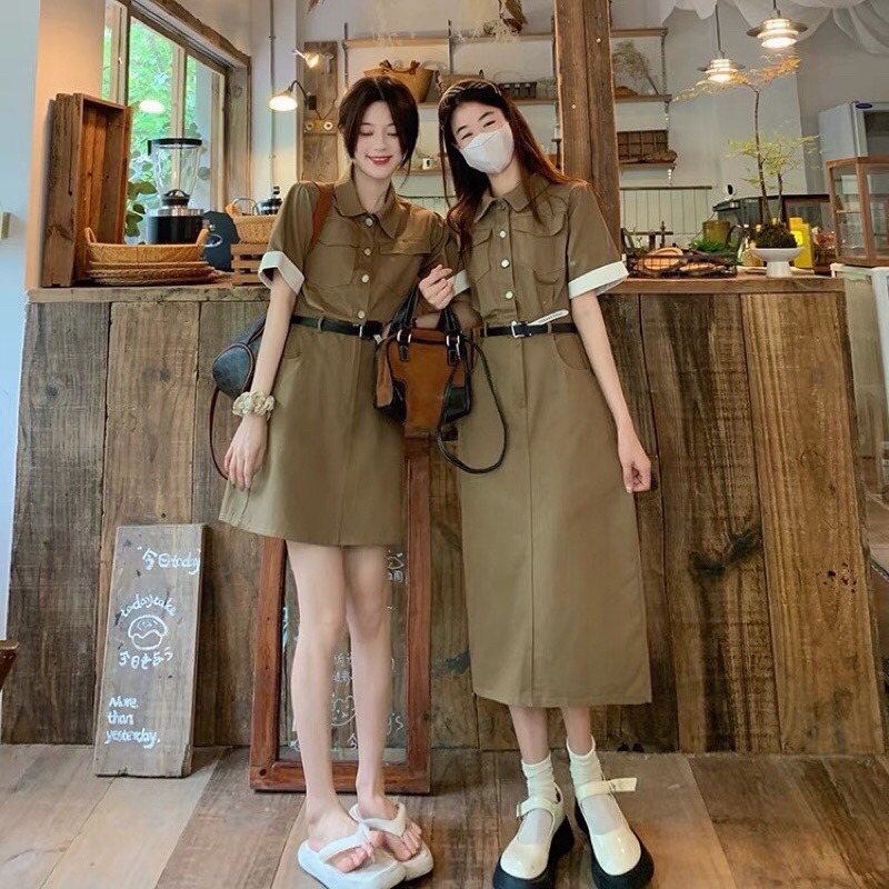 Váy Sơmi Kaki Nâu Cổ Bẻ Tay Phối Trắng Kèm Đai Cá Tính