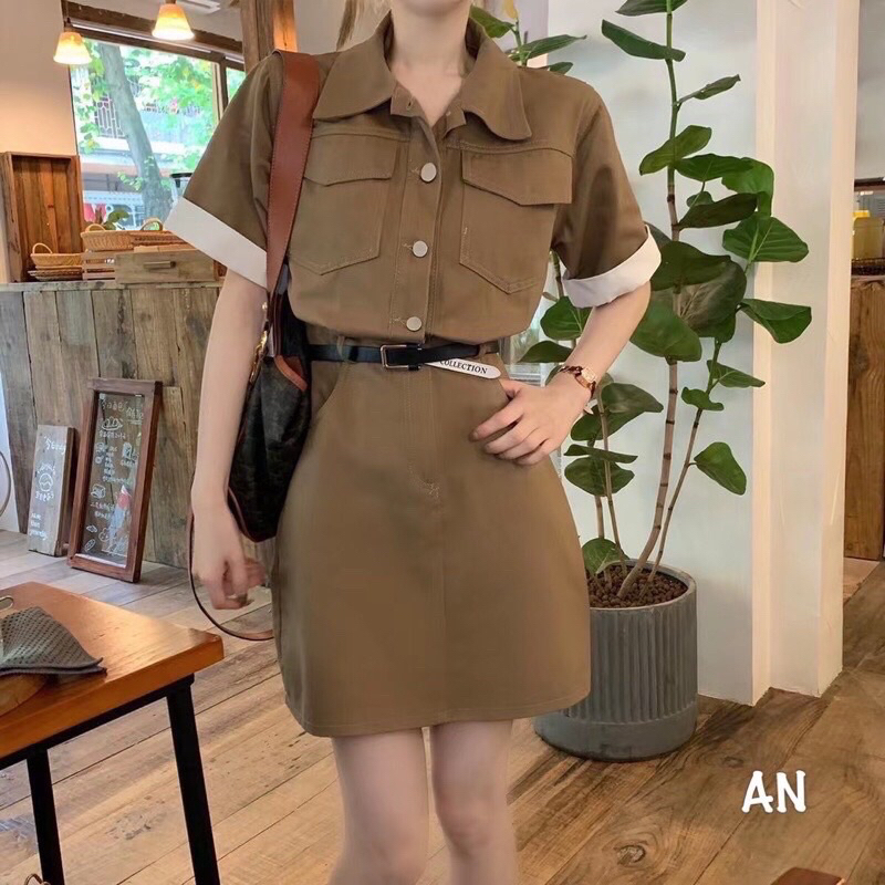 Váy Sơmi Kaki Nâu Cổ Bẻ Tay Phối Trắng Kèm Đai Cá Tính