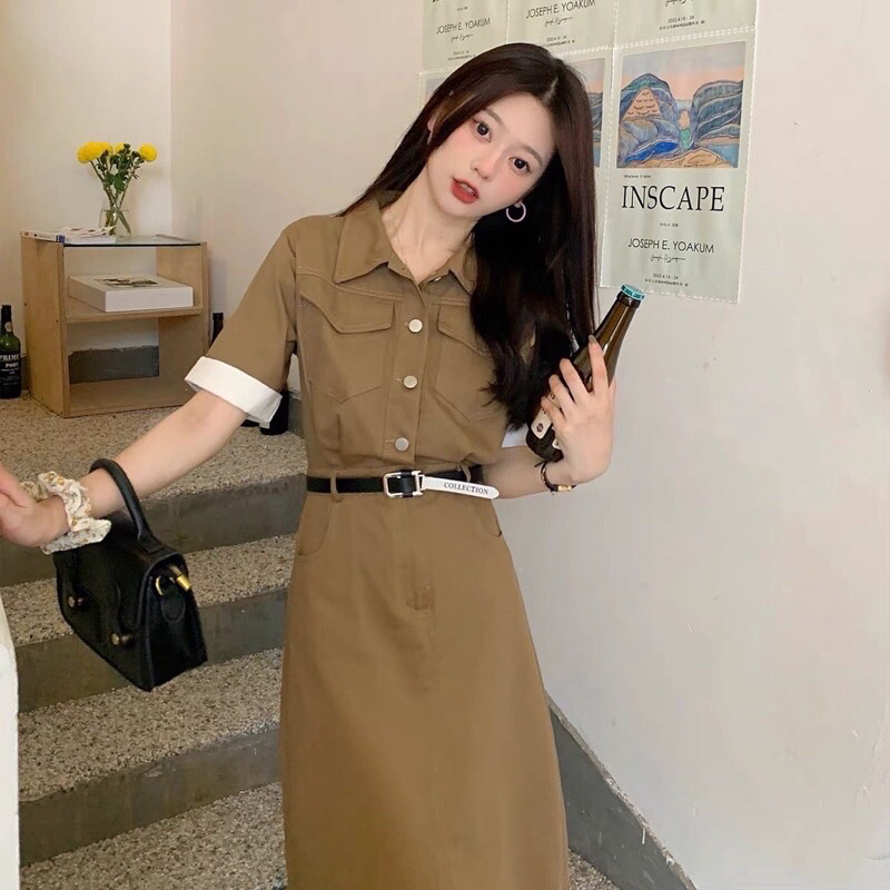 Váy Sơmi Kaki Nâu Cổ Bẻ Tay Phối Trắng Kèm Đai Cá Tính