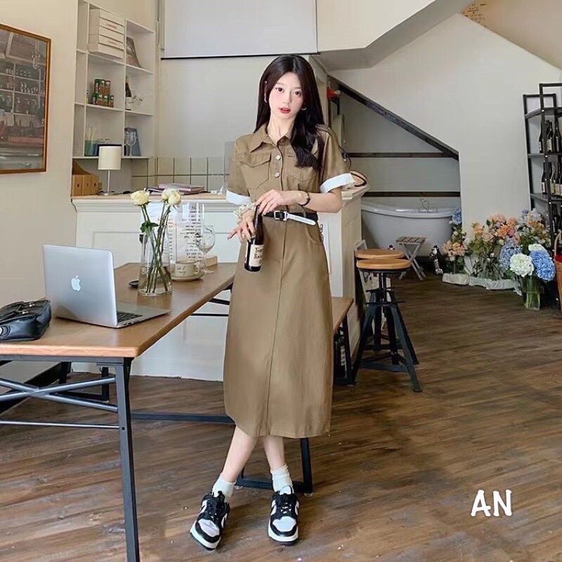 Váy Sơmi Kaki Nâu Cổ Bẻ Tay Phối Trắng Kèm Đai Cá Tính