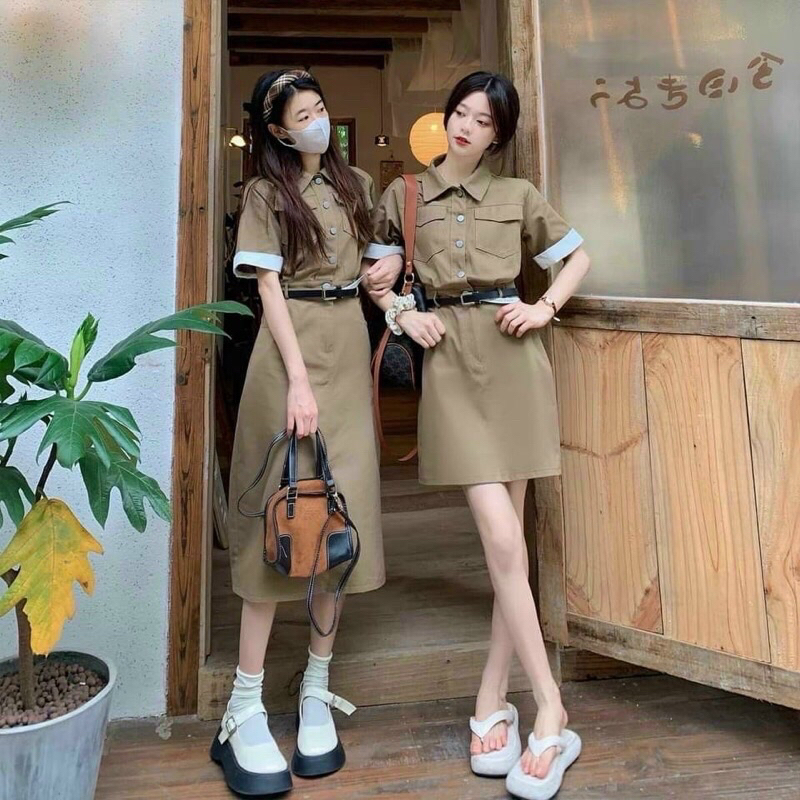 Váy Sơmi Kaki Nâu Cổ Bẻ Tay Phối Trắng Kèm Đai Cá Tính