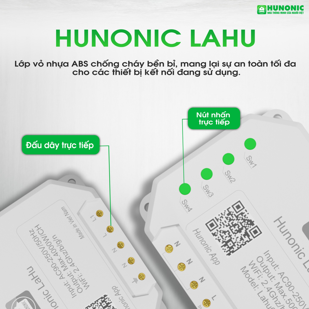 Công tắc thông minh kết nối Wifi Hunonic Lahu 4 kênh - 500W/kênh điều khiển mọi thiết bị từ xa qua điện thoại