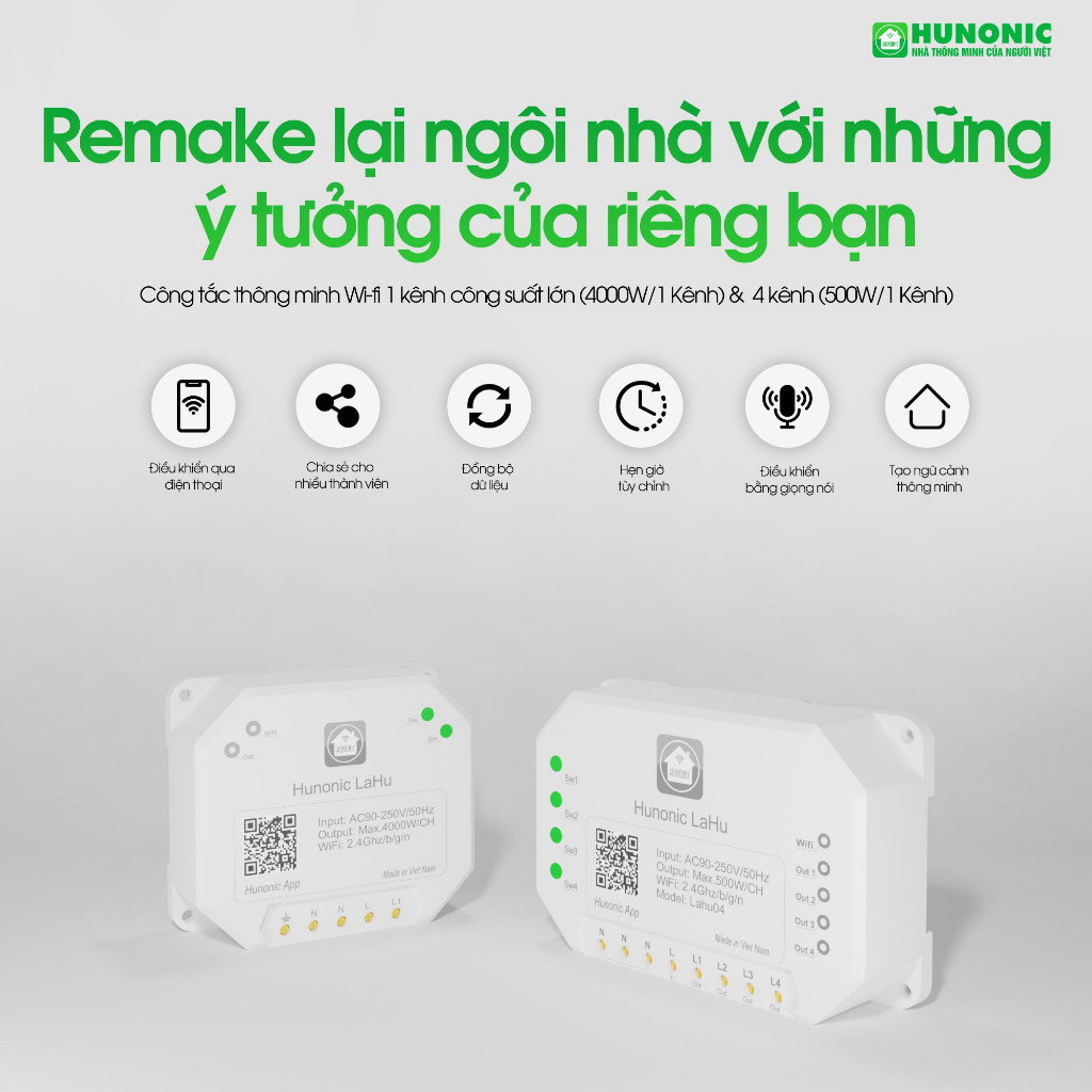 Công tắc thông minh kết nối Wifi Hunonic Lahu 4 kênh - 500W/kênh điều khiển mọi thiết bị từ xa qua điện thoại